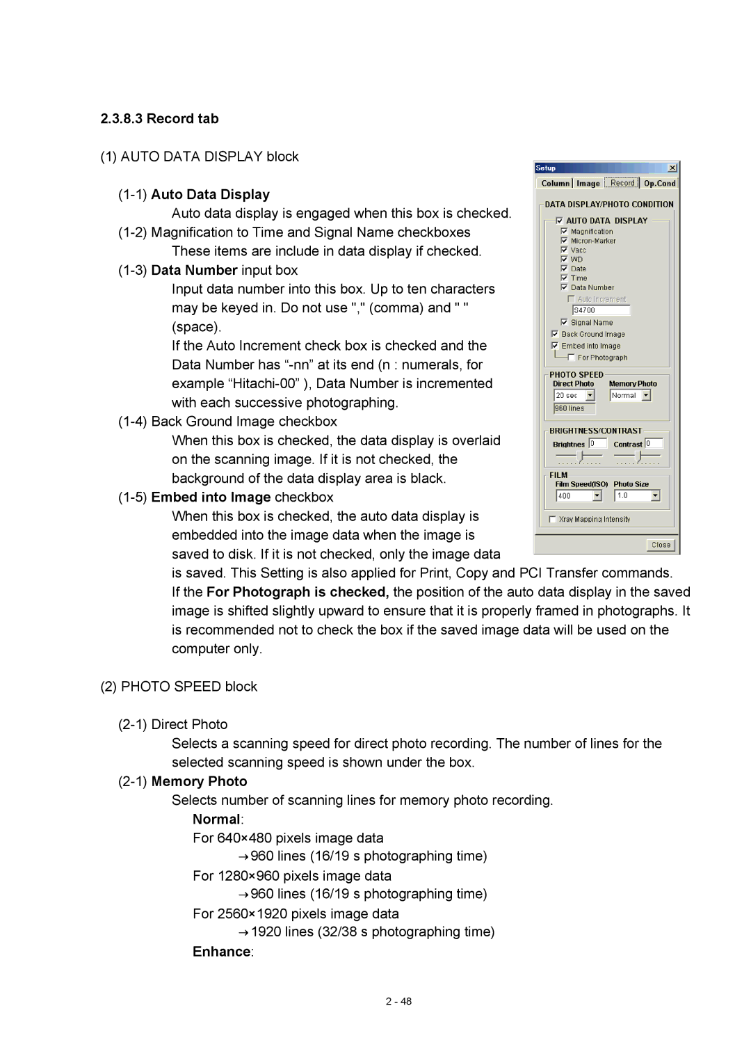 Hitachi S-4800 manual Record tab, 1Auto Data Display, 5Embed into Image checkbox, 1Memory Photo 