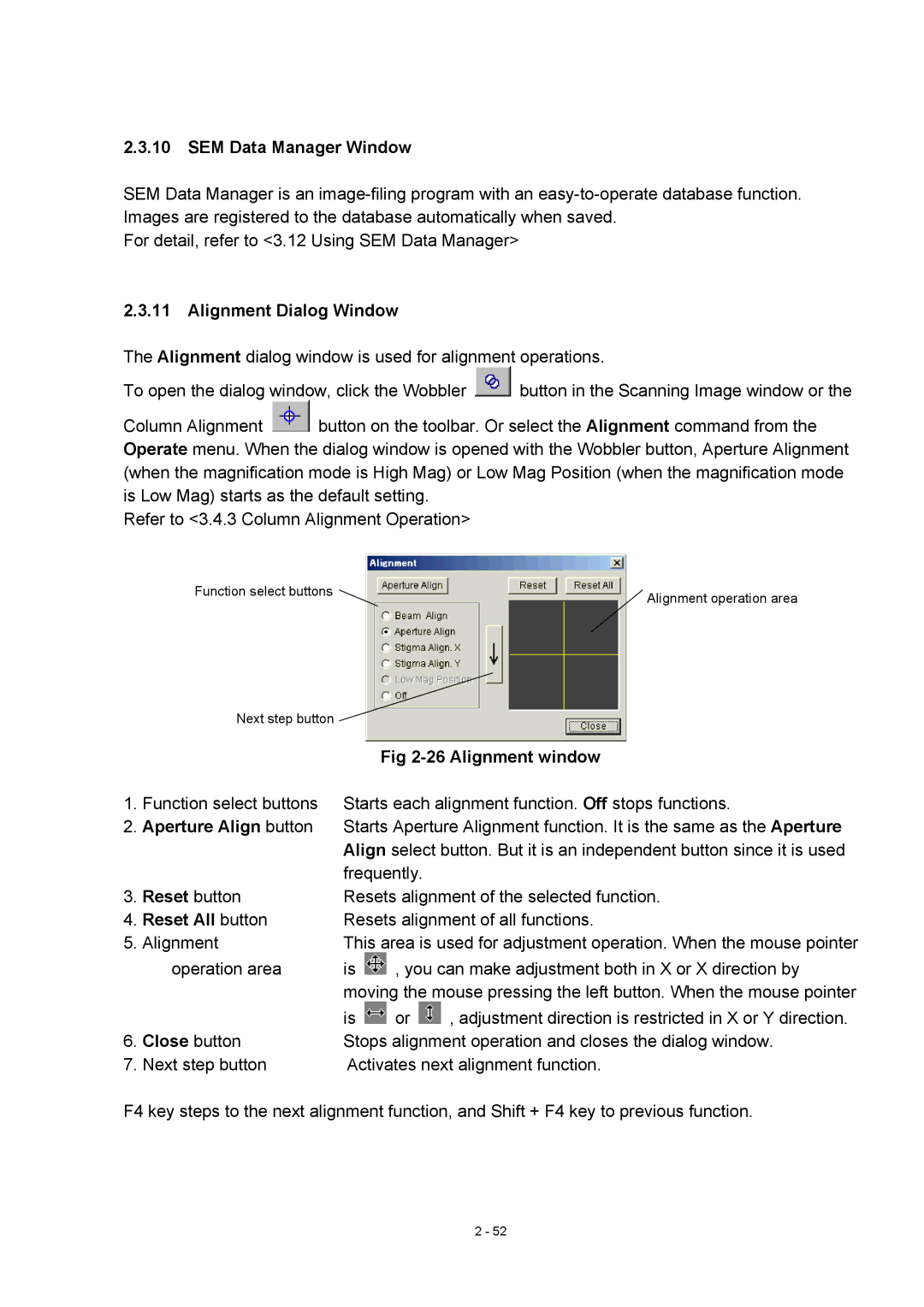 Hitachi S-4800 SEM Data Manager Window, Alignment Dialog Window, Alignment window, Aperture Align button, Reset button 