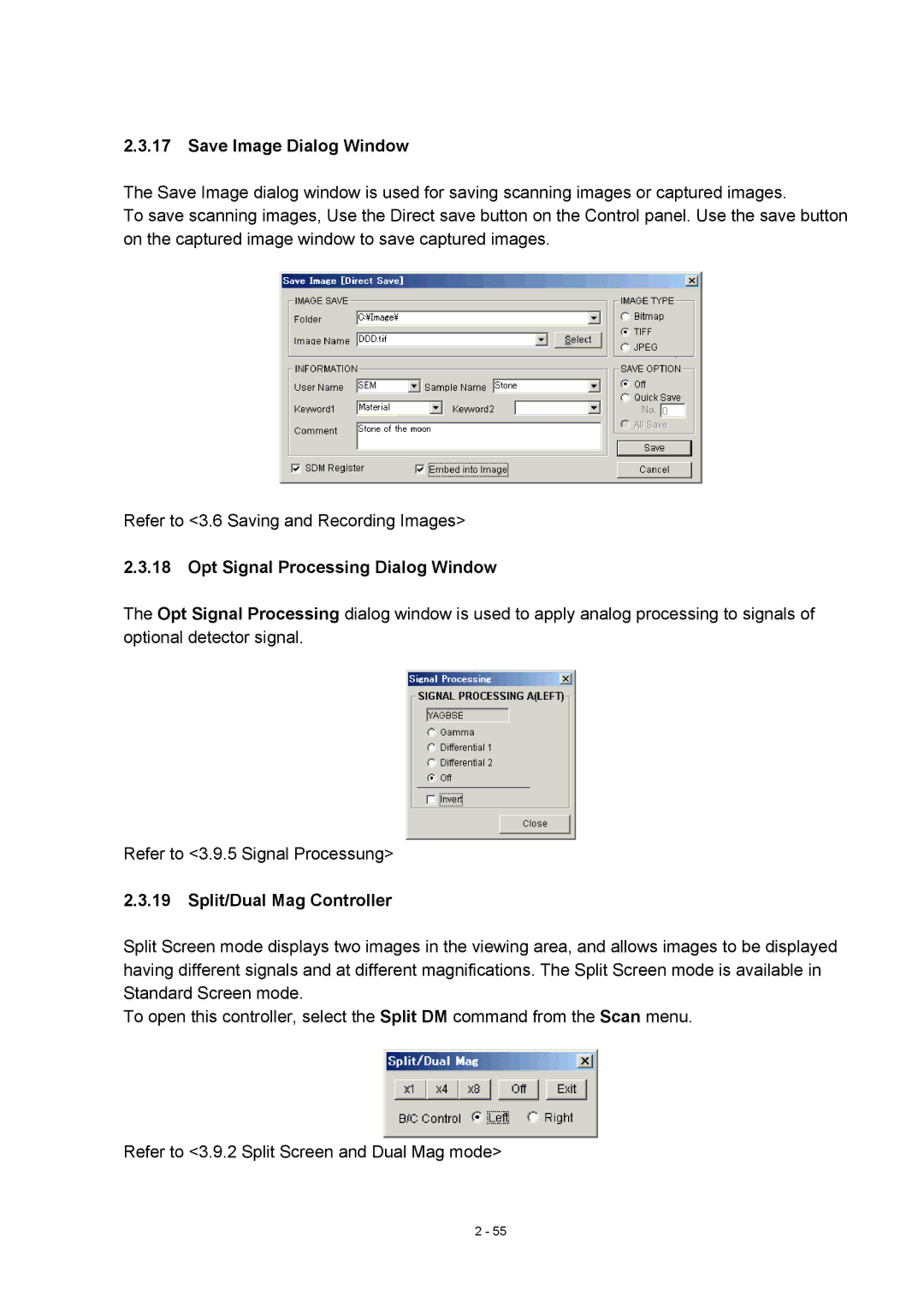 Hitachi S-4800 manual Save Image Dialog Window, Opt Signal Processing Dialog Window, Split/Dual Mag Controller 