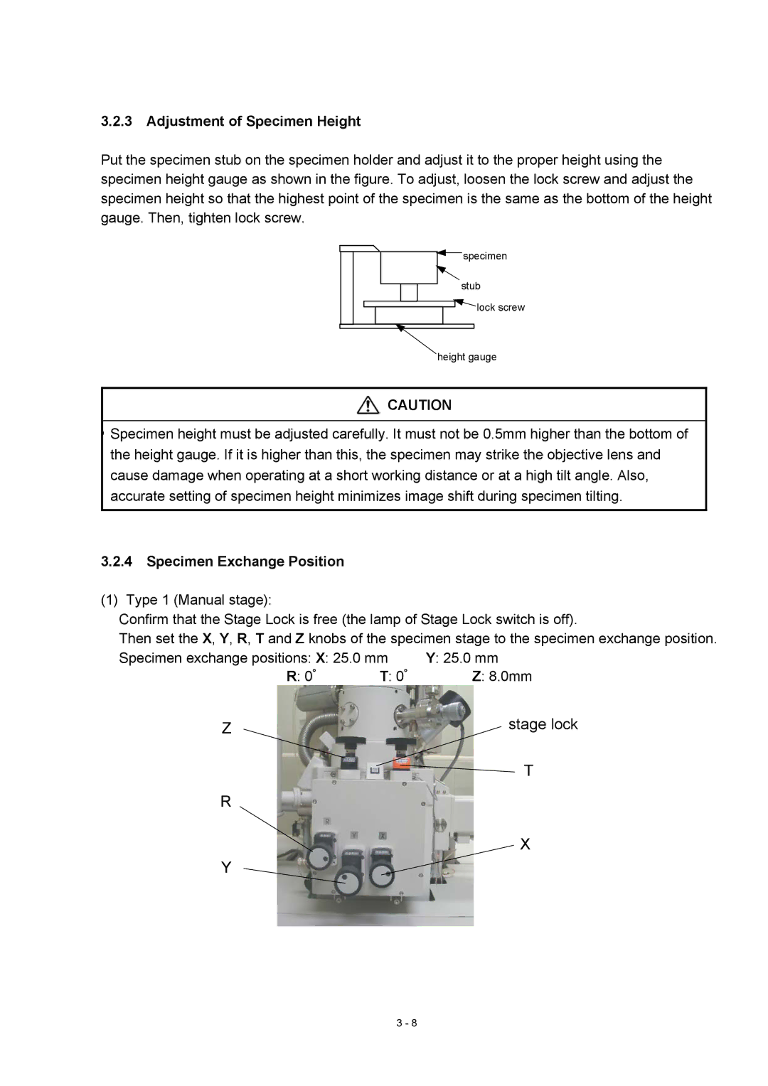 Hitachi S-4800 manual Adjustment of Specimen Height, Specimen Exchange Position 