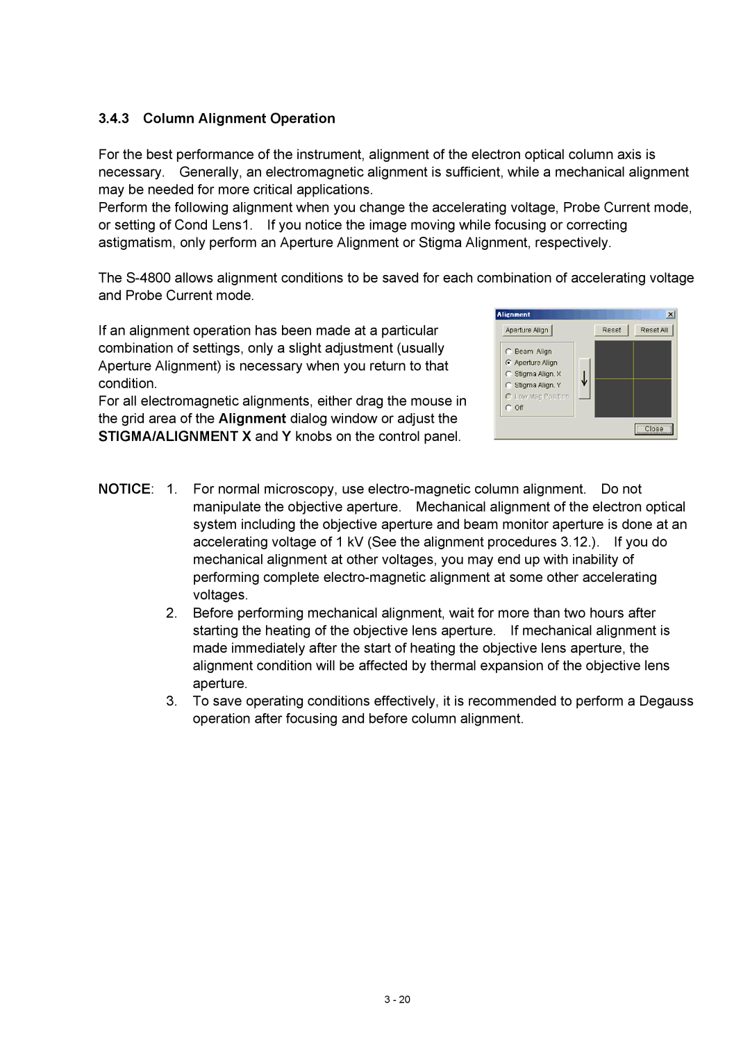 Hitachi S-4800 manual Column Alignment Operation 