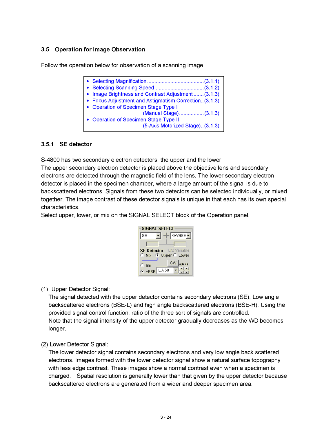 Hitachi S-4800 manual Operation for Image Observation, SE detector 