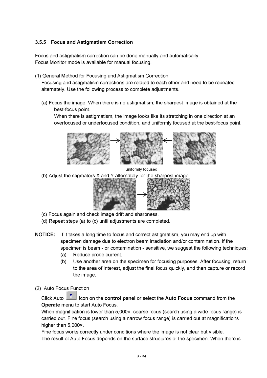 Hitachi S-4800 manual Focus and Astigmatism Correction 