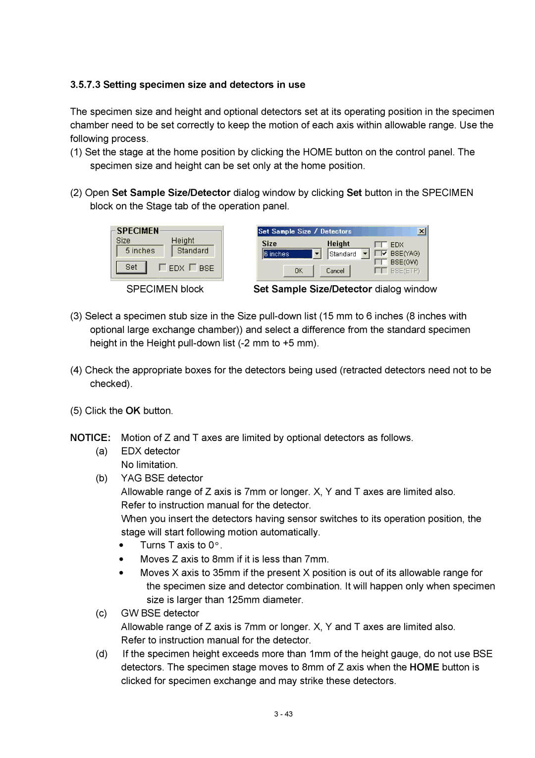 Hitachi S-4800 manual Setting specimen size and detectors in use, Specimen block 