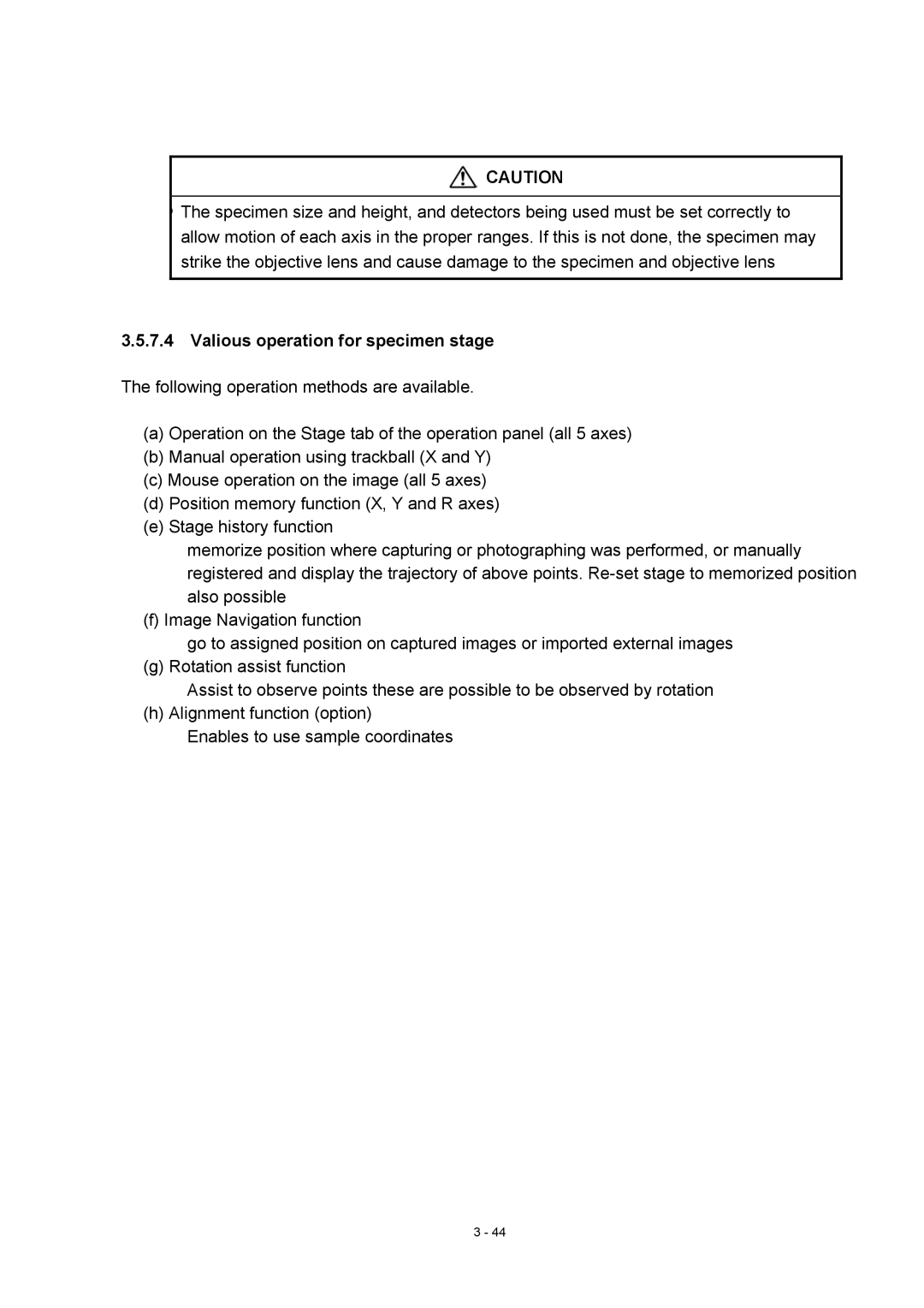 Hitachi S-4800 manual Valious operation for specimen stage 