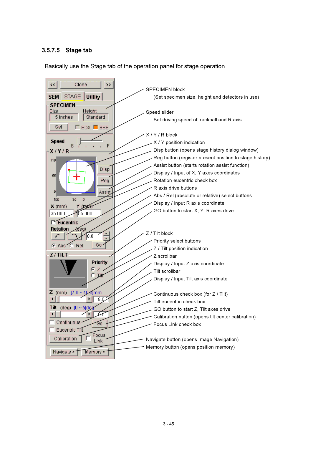 Hitachi S-4800 manual Stage tab 