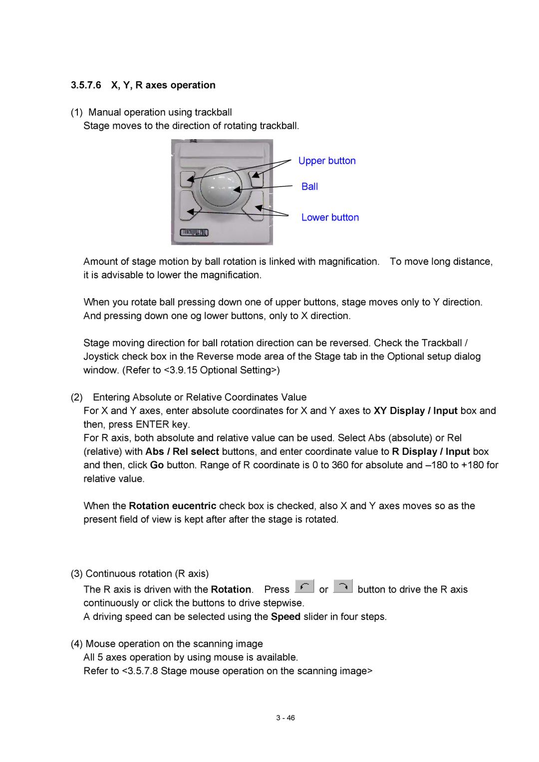 Hitachi S-4800 manual 7.6 X, Y, R axes operation, Upper button Ball Lower button 