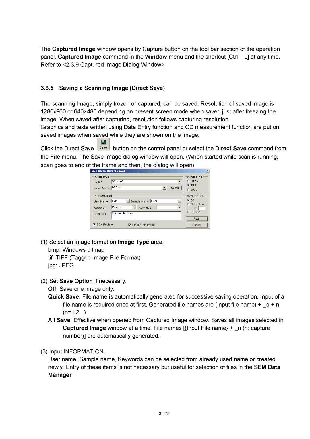 Hitachi S-4800 manual Saving a Scanning Image Direct Save, Manager 