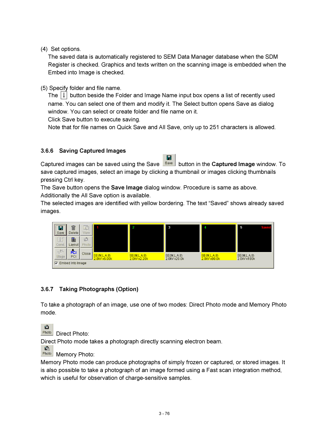 Hitachi S-4800 manual Saving Captured Images, Taking Photographs Option 