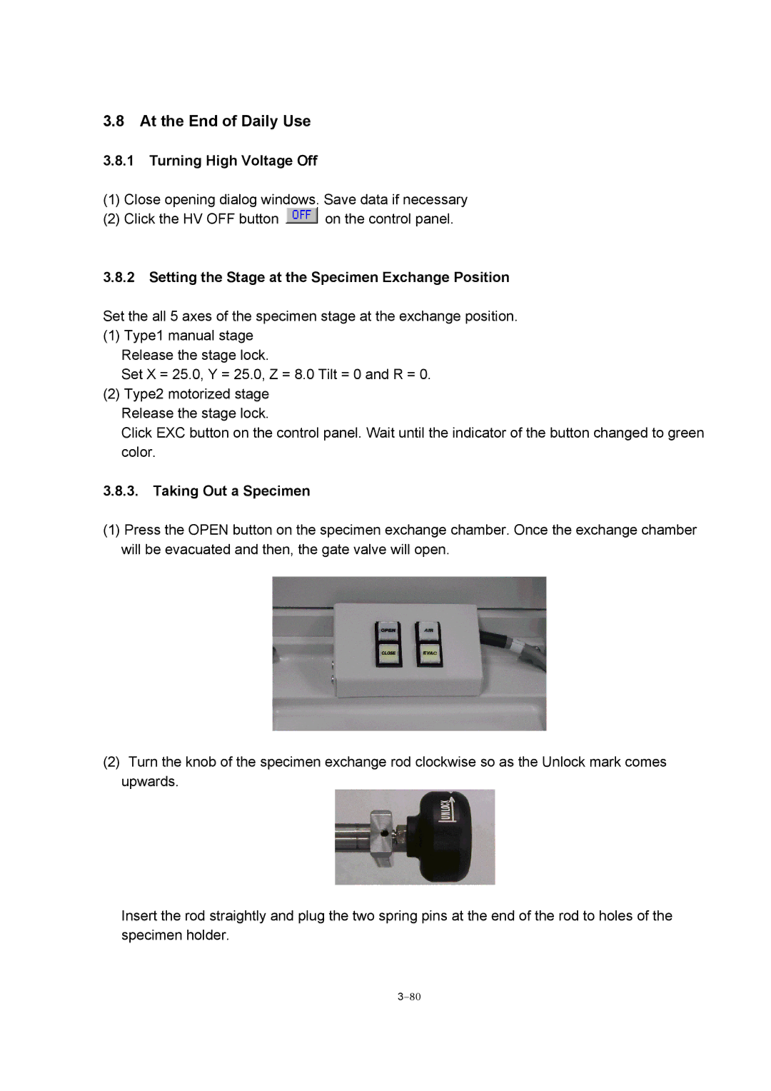 Hitachi S-4800 manual Turning High Voltage Off, Setting the Stage at the Specimen Exchange Position, Taking Out a Specimen 