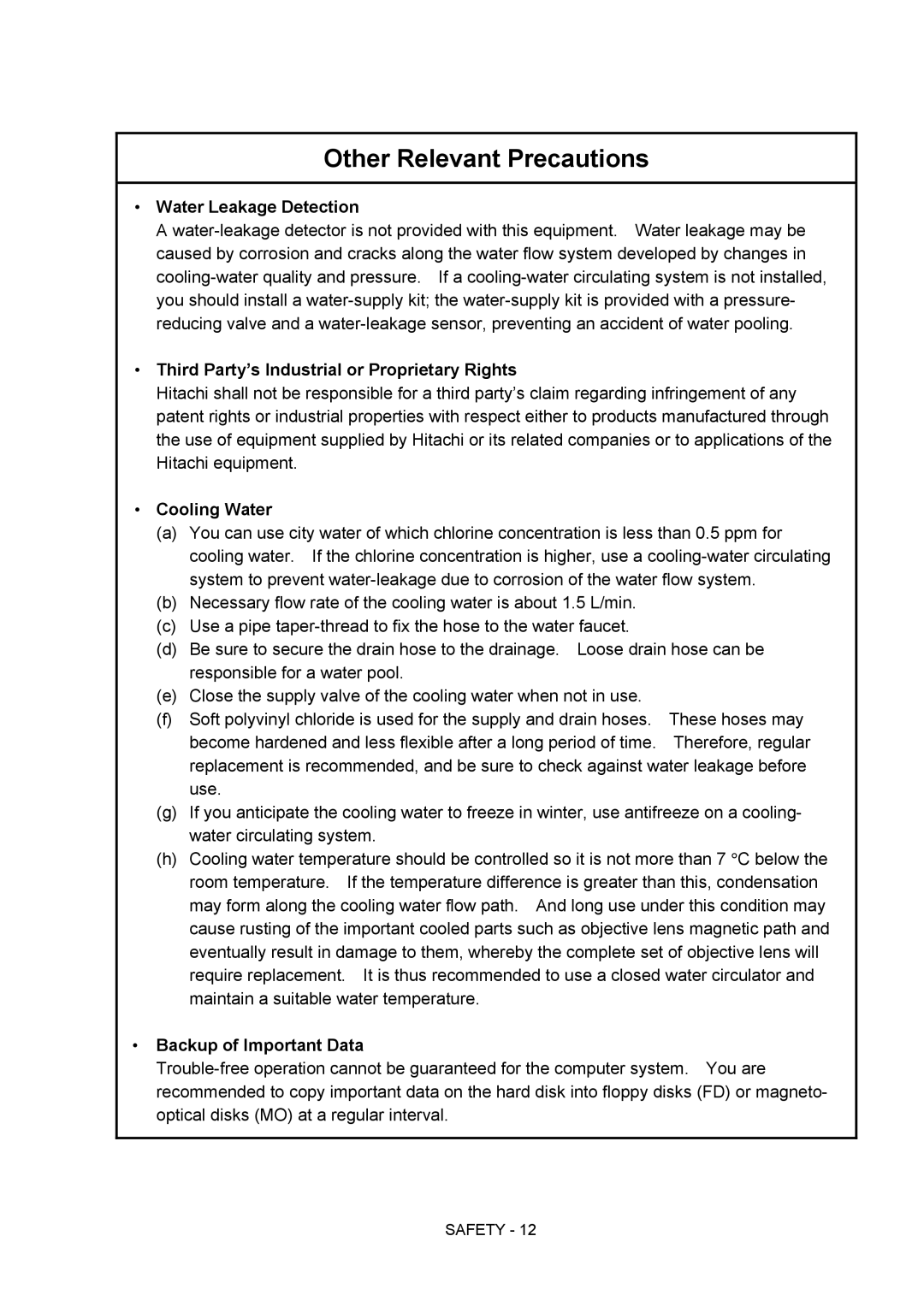 Hitachi S-4800 manual Water Leakage Detection, Third Party’s Industrial or Proprietary Rights, Cooling Water 
