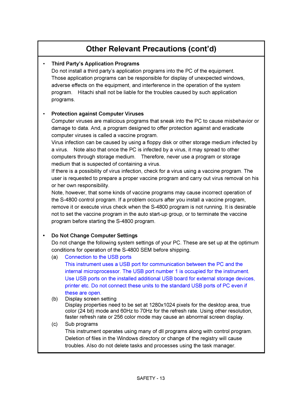 Hitachi S-4800 Third Party’s Application Programs, Protection against Computer Viruses, Do Not Change Computer Settings 