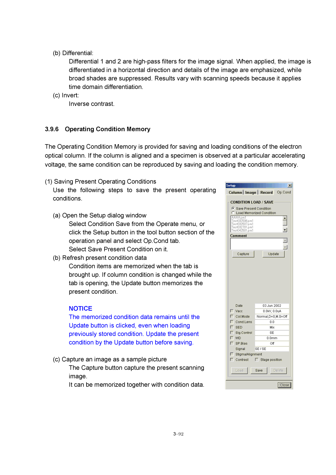 Hitachi S-4800 manual Operating Condition Memory 