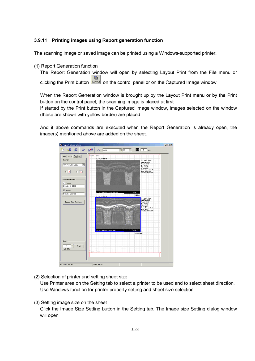 Hitachi S-4800 manual Printing images using Report generation function 