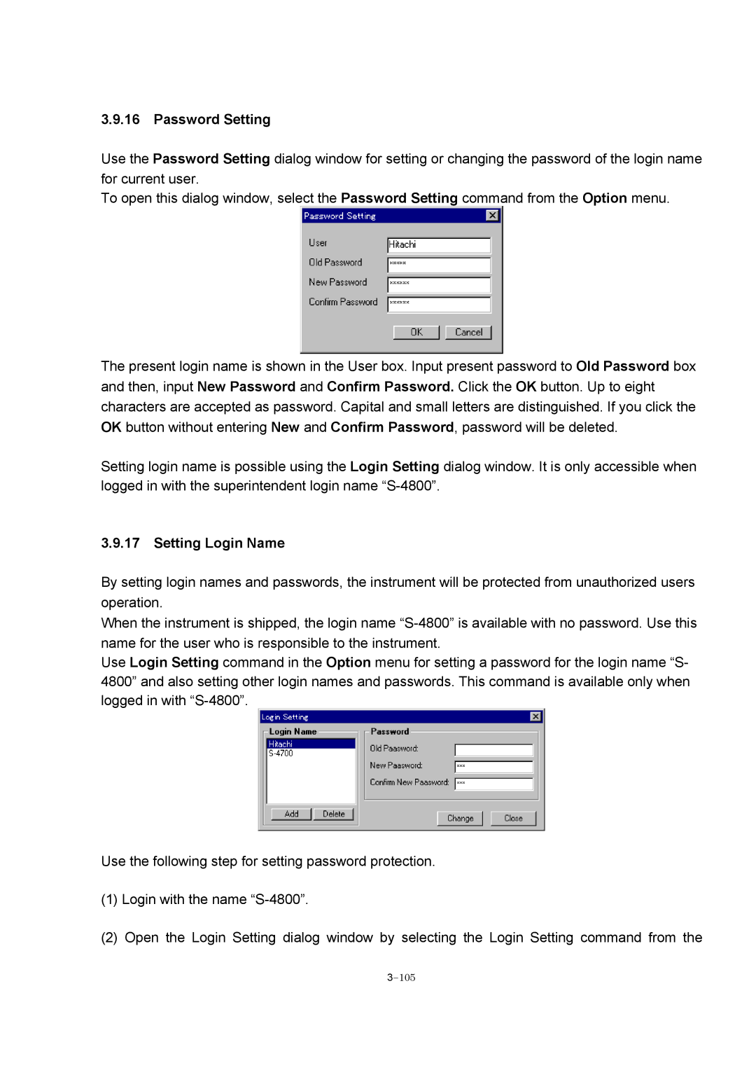 Hitachi S-4800 manual Password Setting, Setting Login Name 