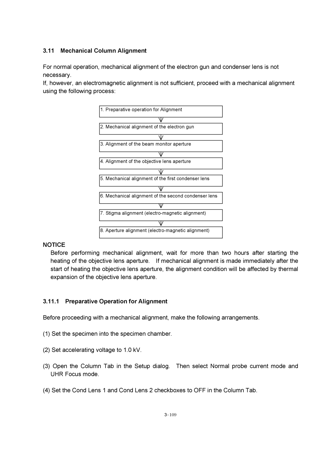 Hitachi S-4800 manual Mechanical Column Alignment, Preparative Operation for Alignment 