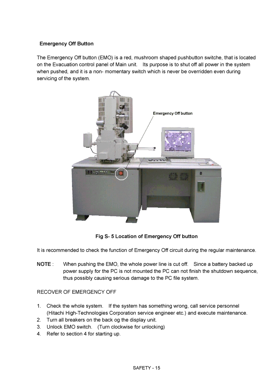 Hitachi S-4800 manual Emergency Off Button, Fig S- 5 Location of Emergency Off button 