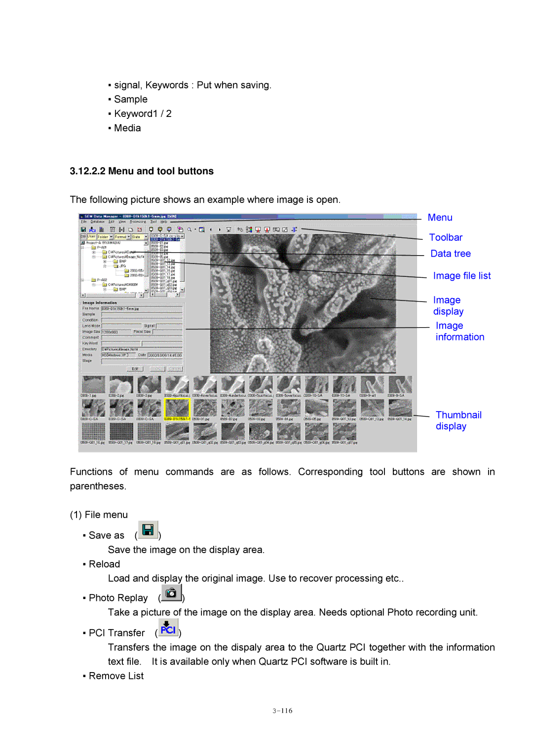 Hitachi S-4800 manual Menu and tool buttons 