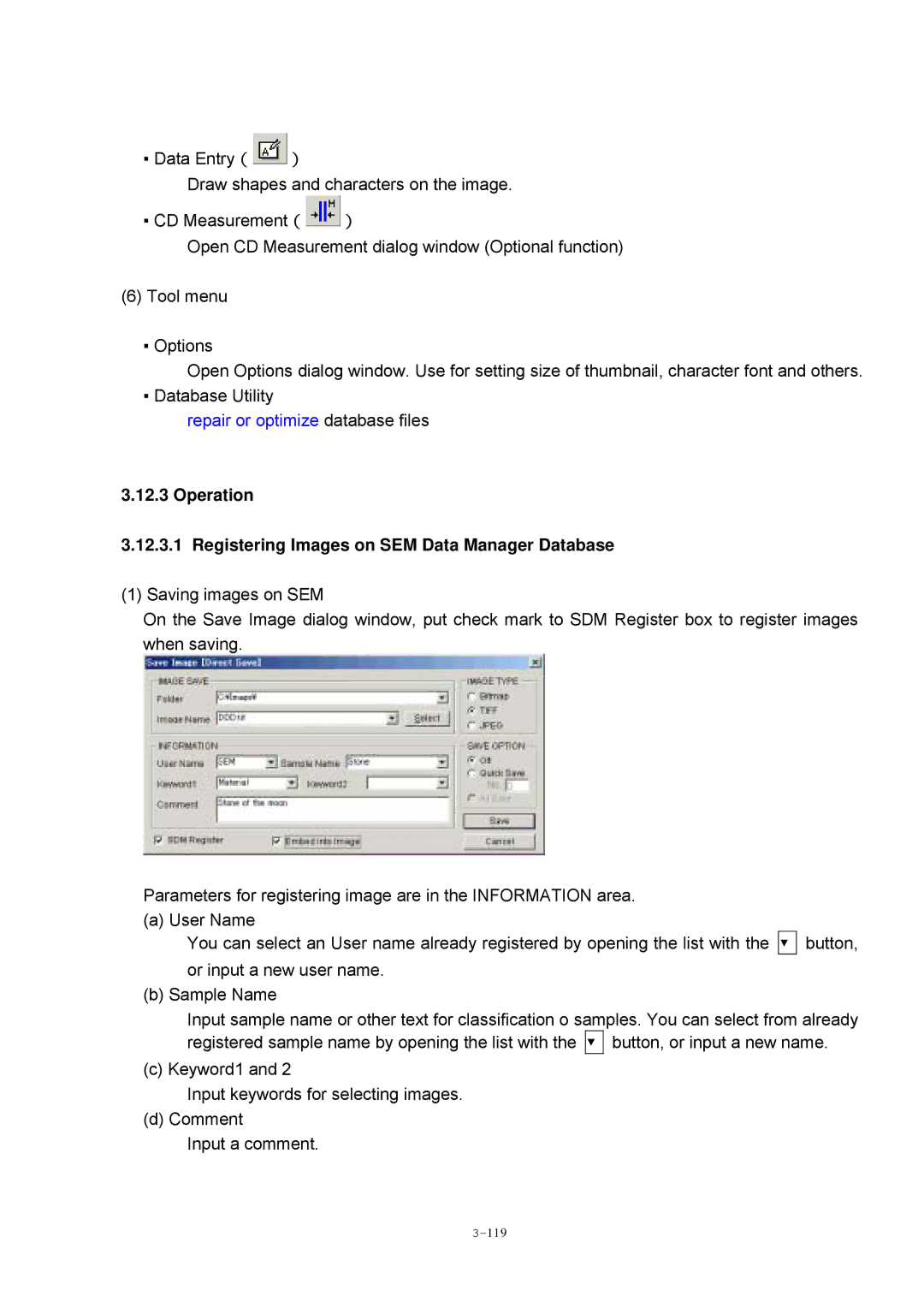 Hitachi S-4800 manual Operation Registering Images on SEM Data Manager Database 