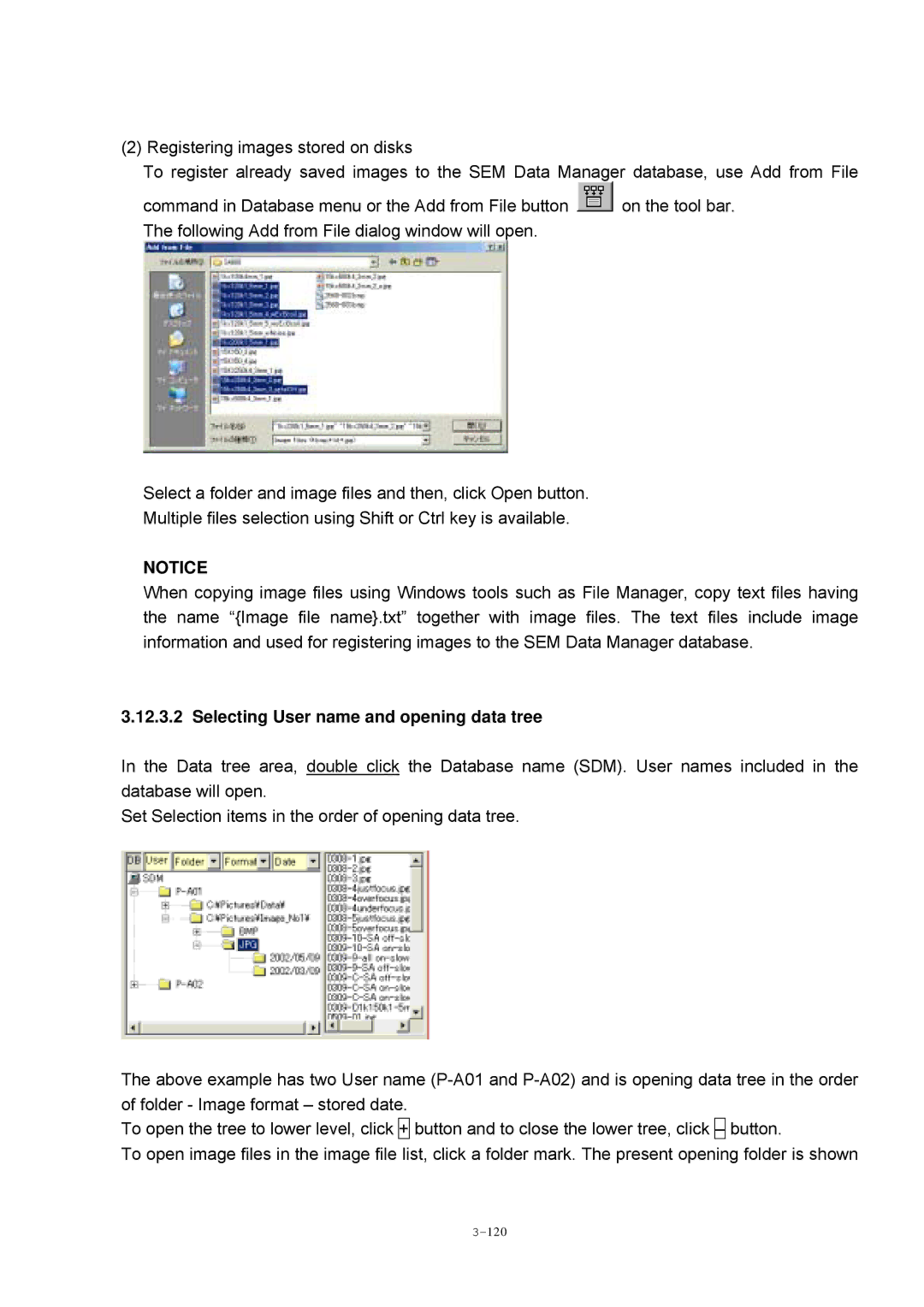 Hitachi S-4800 manual Selecting User name and opening data tree 