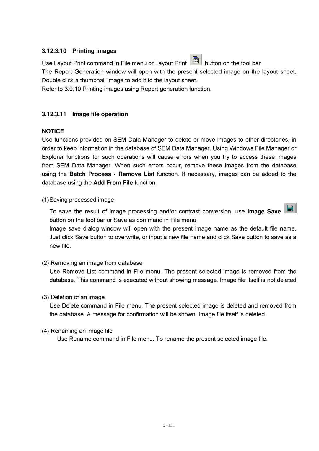 Hitachi S-4800 manual Printing images, Image file operation 