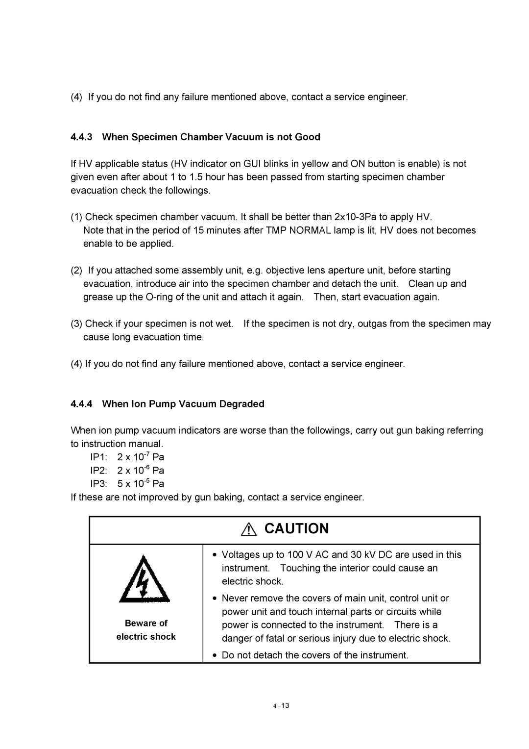 Hitachi S-4800 manual When Specimen Chamber Vacuum is not Good, When Ion Pump Vacuum Degraded 