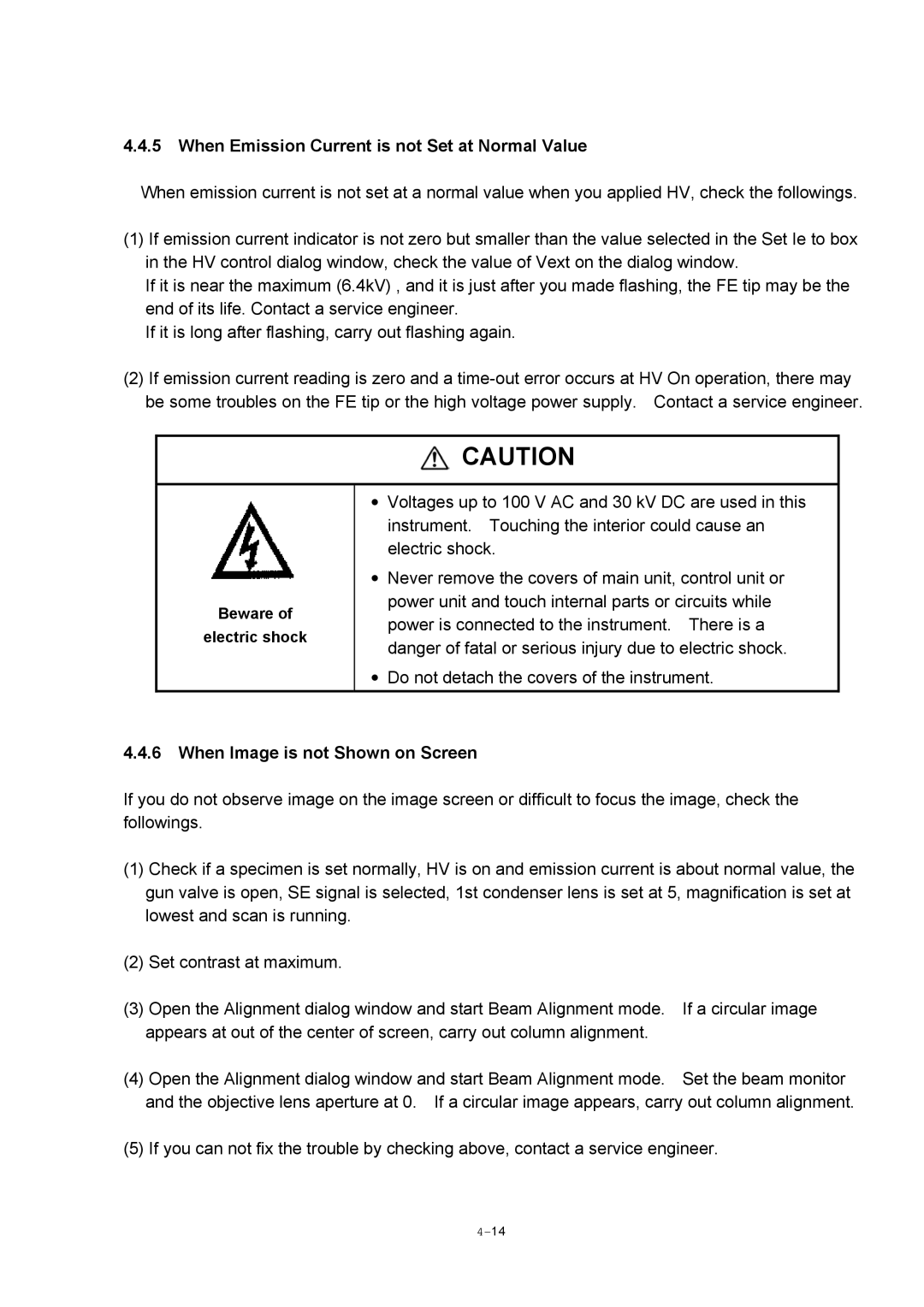 Hitachi S-4800 manual When Emission Current is not Set at Normal Value, When Image is not Shown on Screen 