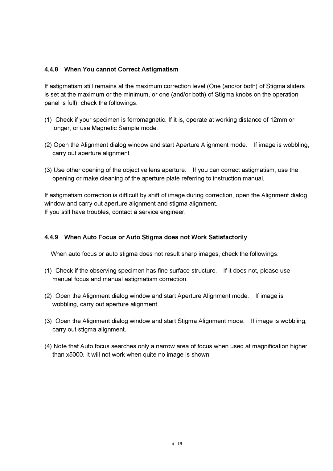Hitachi S-4800 manual When You cannot Correct Astigmatism, When Auto Focus or Auto Stigma does not Work Satisfactorily 