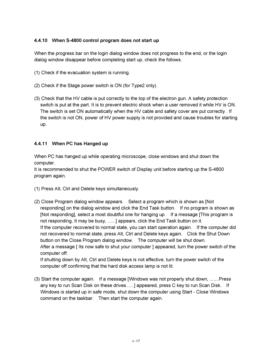 Hitachi manual When S-4800 control program does not start up, When PC has Hanged up 