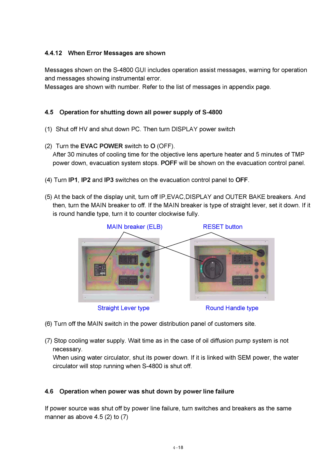 Hitachi manual When Error Messages are shown, Operation for shutting down all power supply of S-4800 