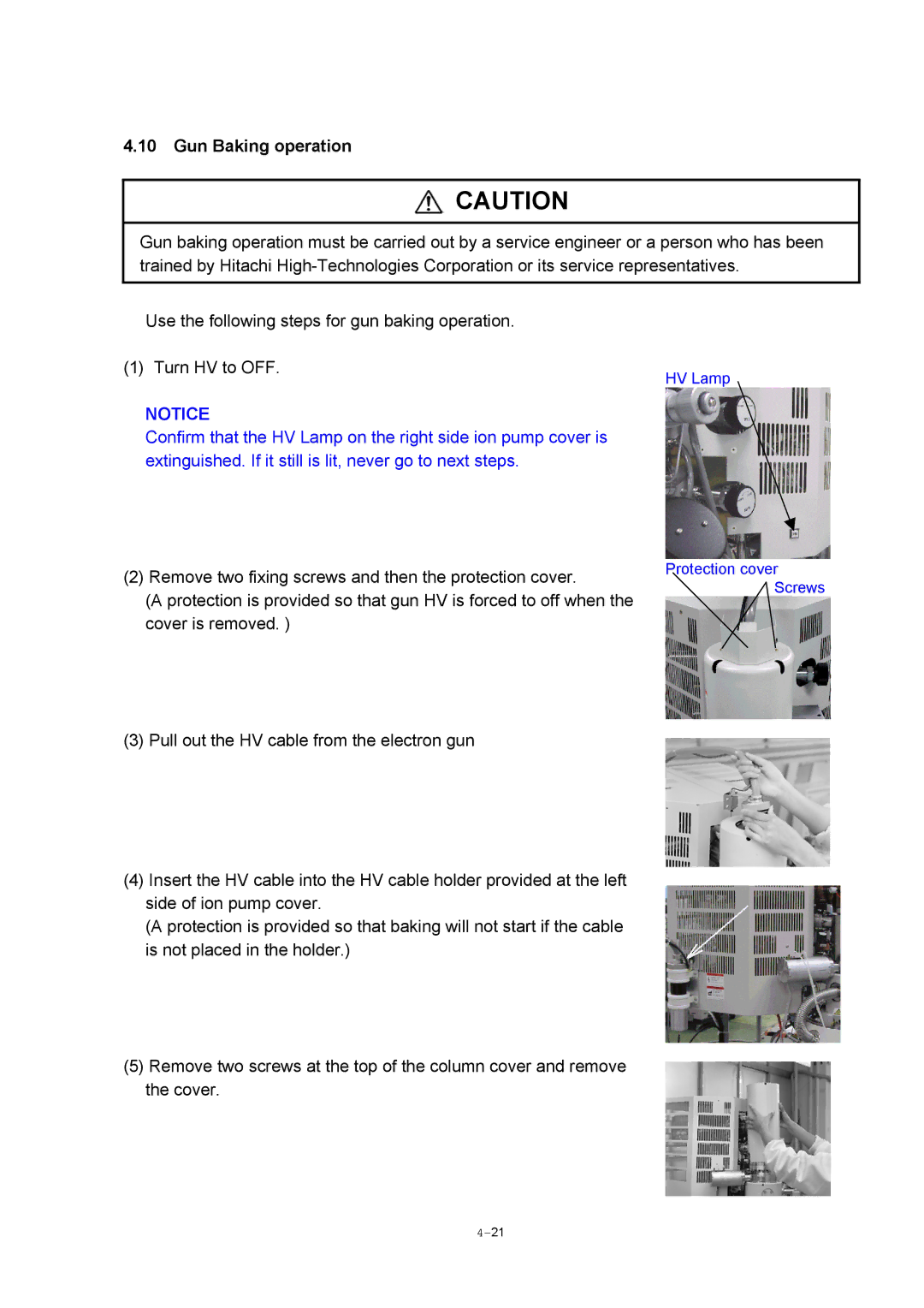 Hitachi S-4800 manual Gun Baking operation 