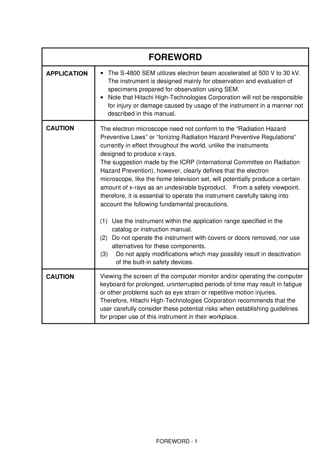 Hitachi S-4800 manual Foreword 