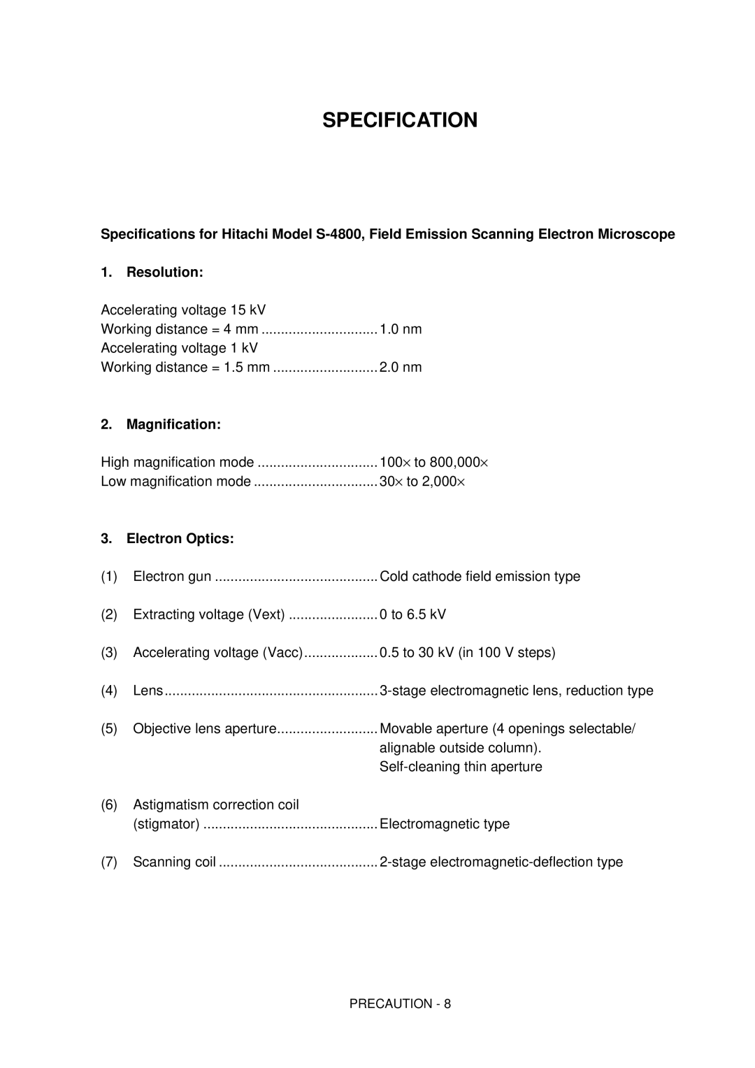 Hitachi S-4800 manual Magnification, Electron Optics 