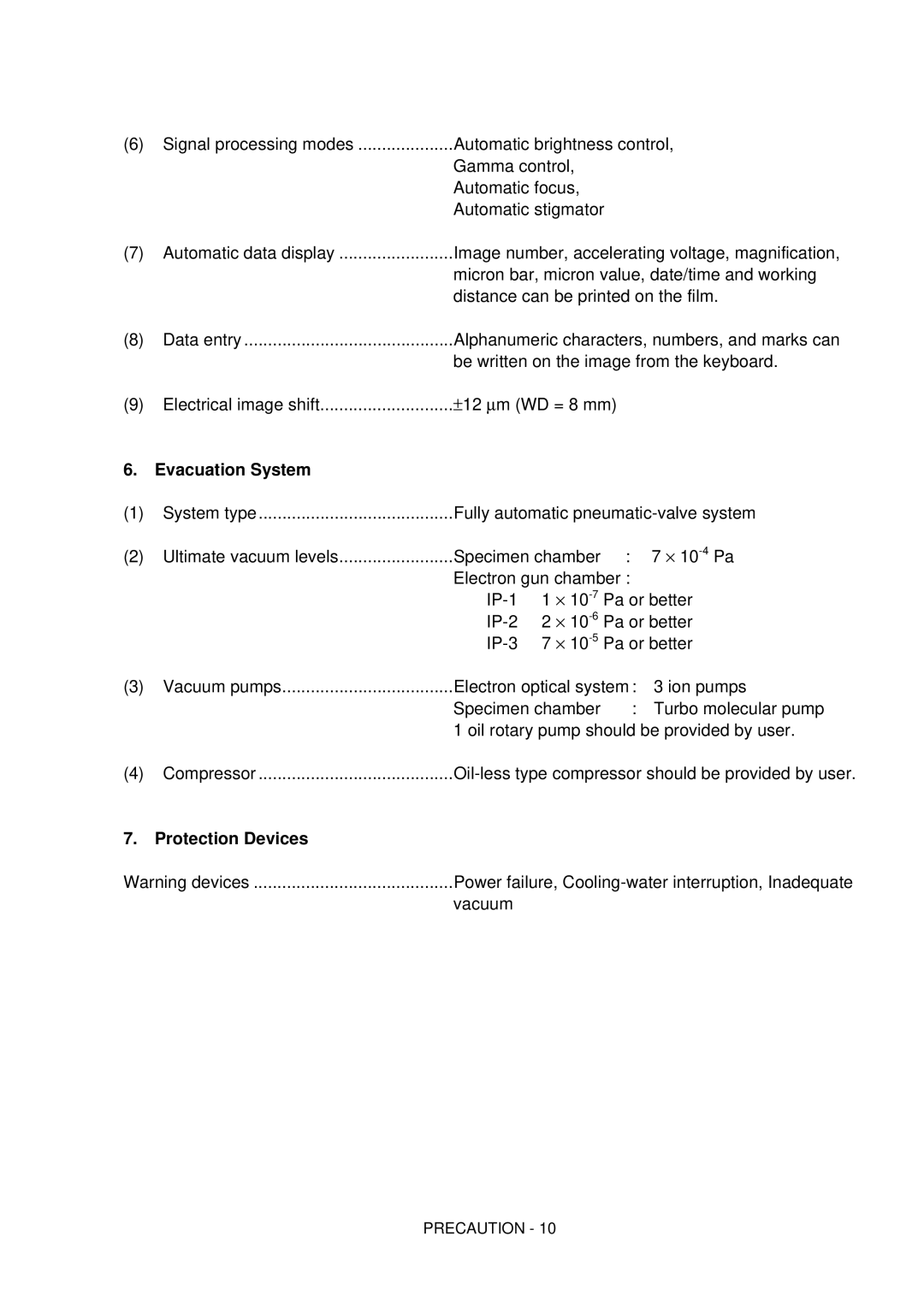 Hitachi S-4800 manual Evacuation System, Protection Devices 