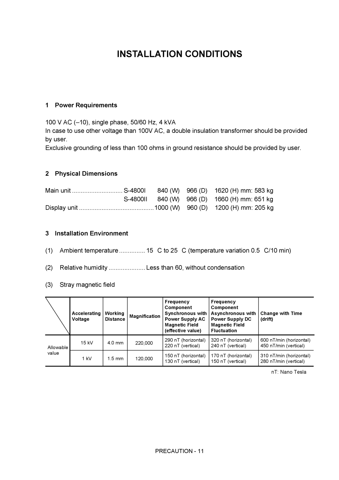 Hitachi S-4800 manual Power Requirements, Physical Dimensions, Installation Environment 