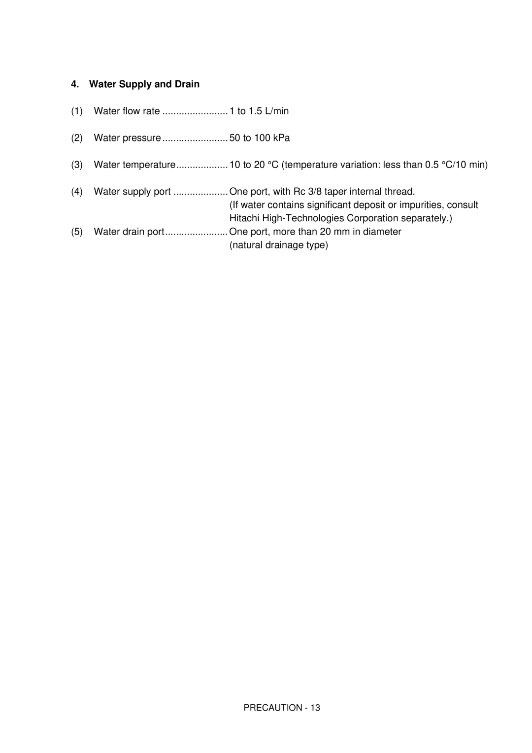 Hitachi S-4800 manual Water Supply and Drain 