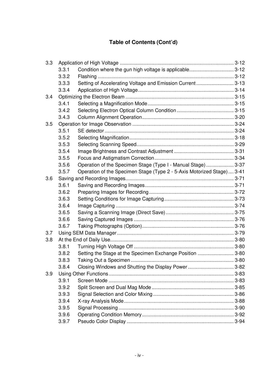 Hitachi S-4800 manual Table of Contents Cont’d 