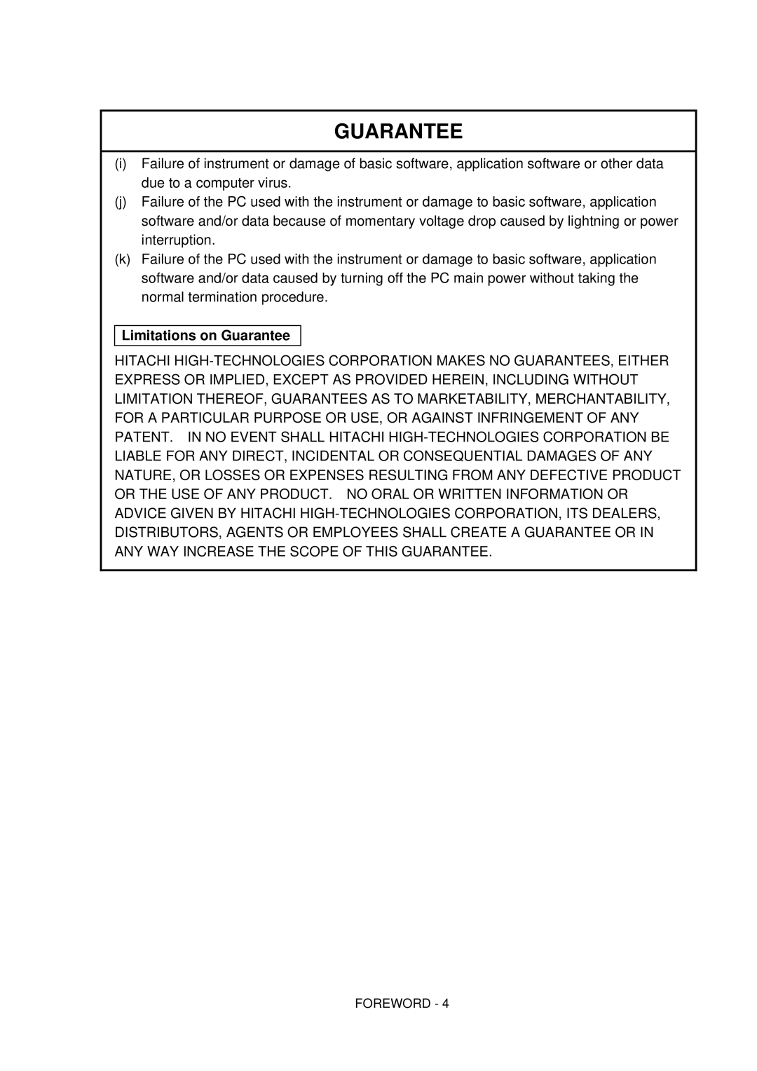 Hitachi S-4800 manual Limitations on Guarantee 