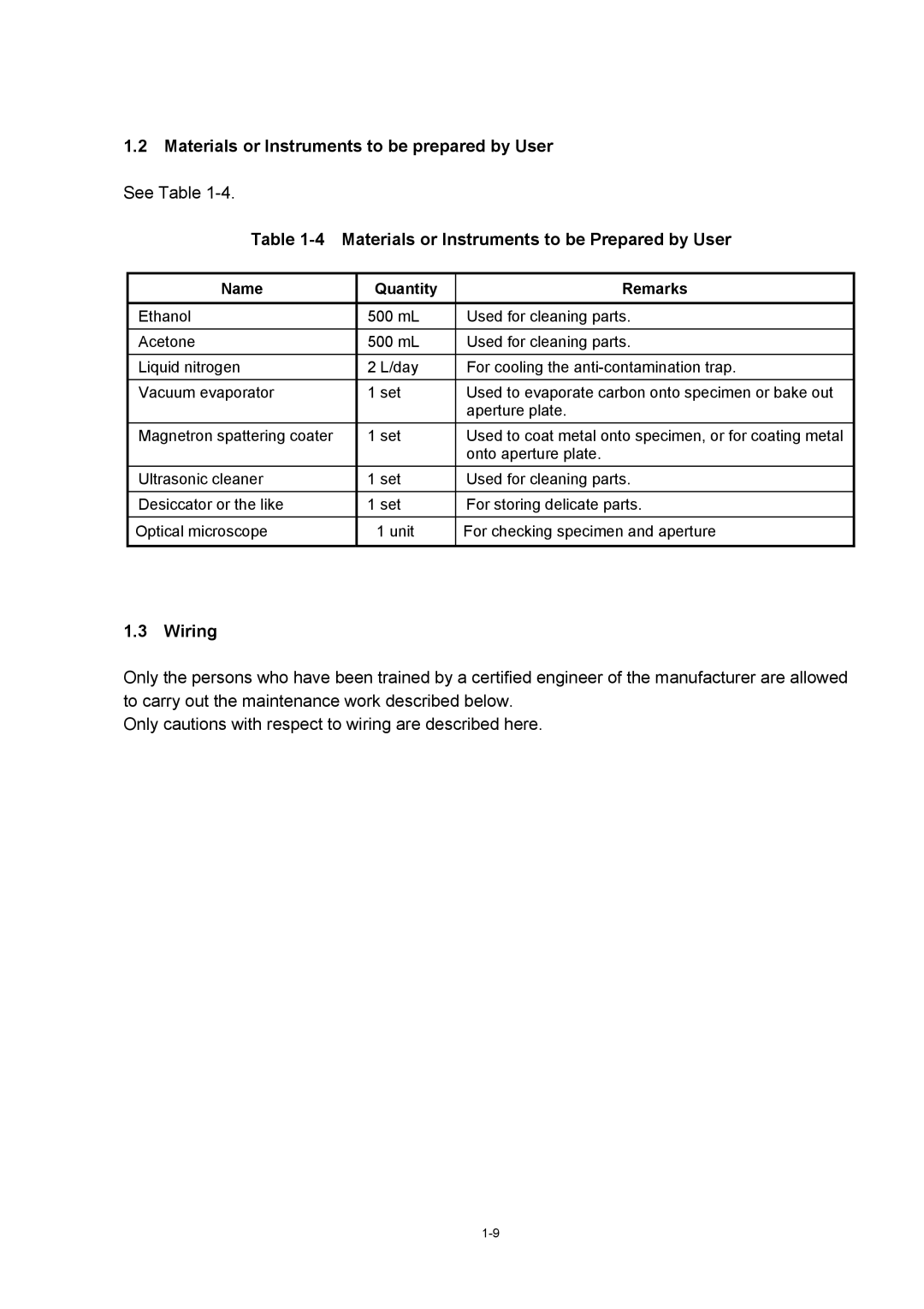 Hitachi S-4800 manual Materials or Instruments to be prepared by User, Wiring 