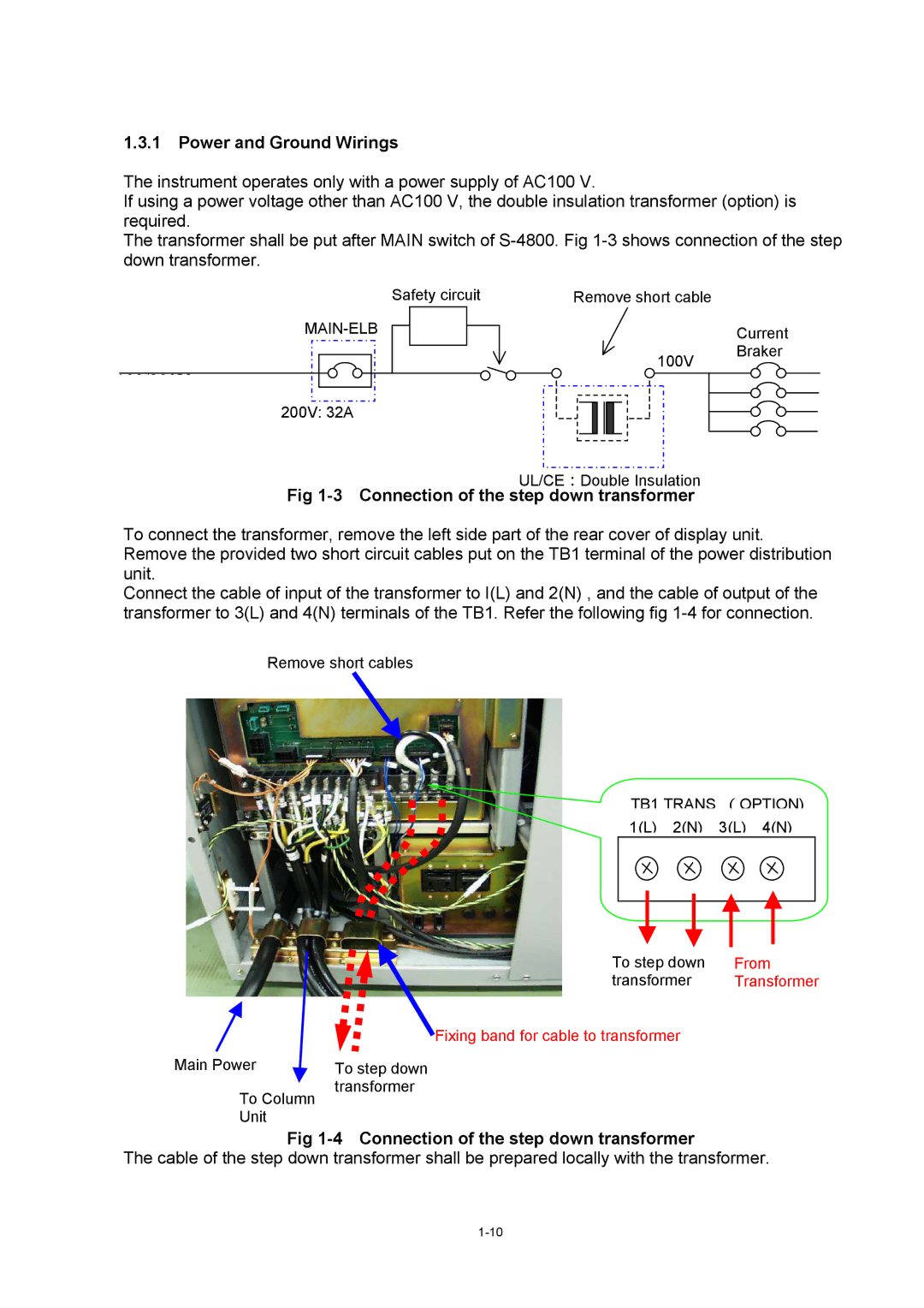 Hitachi S-4800 manual Power and Ground Wirings, Connection of the step down transformer 