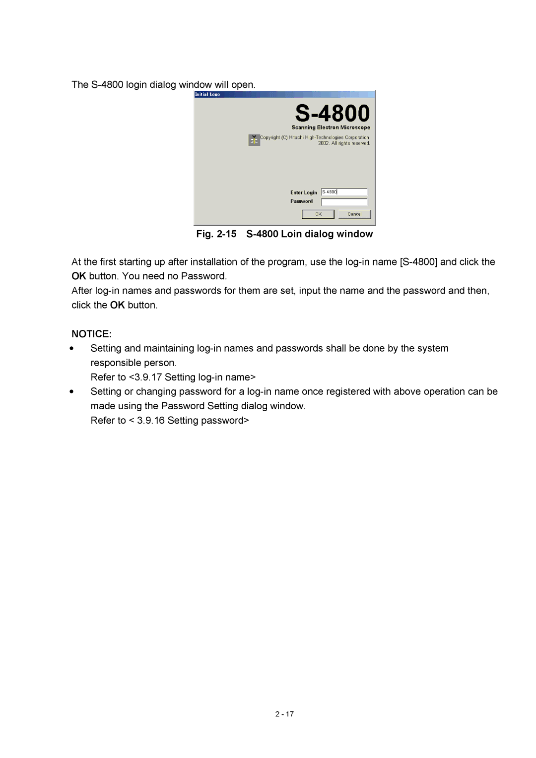 Hitachi manual 15 S-4800 Loin dialog window 