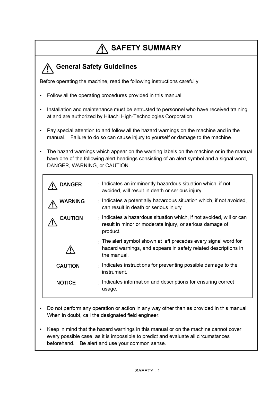 Hitachi S-4800 manual Safety Summary 