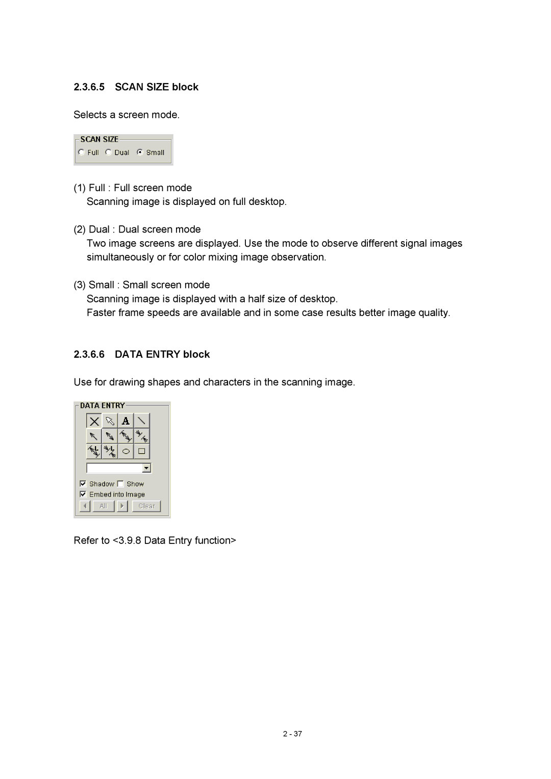 Hitachi S-4800 manual Scan Size block, Data Entry block 