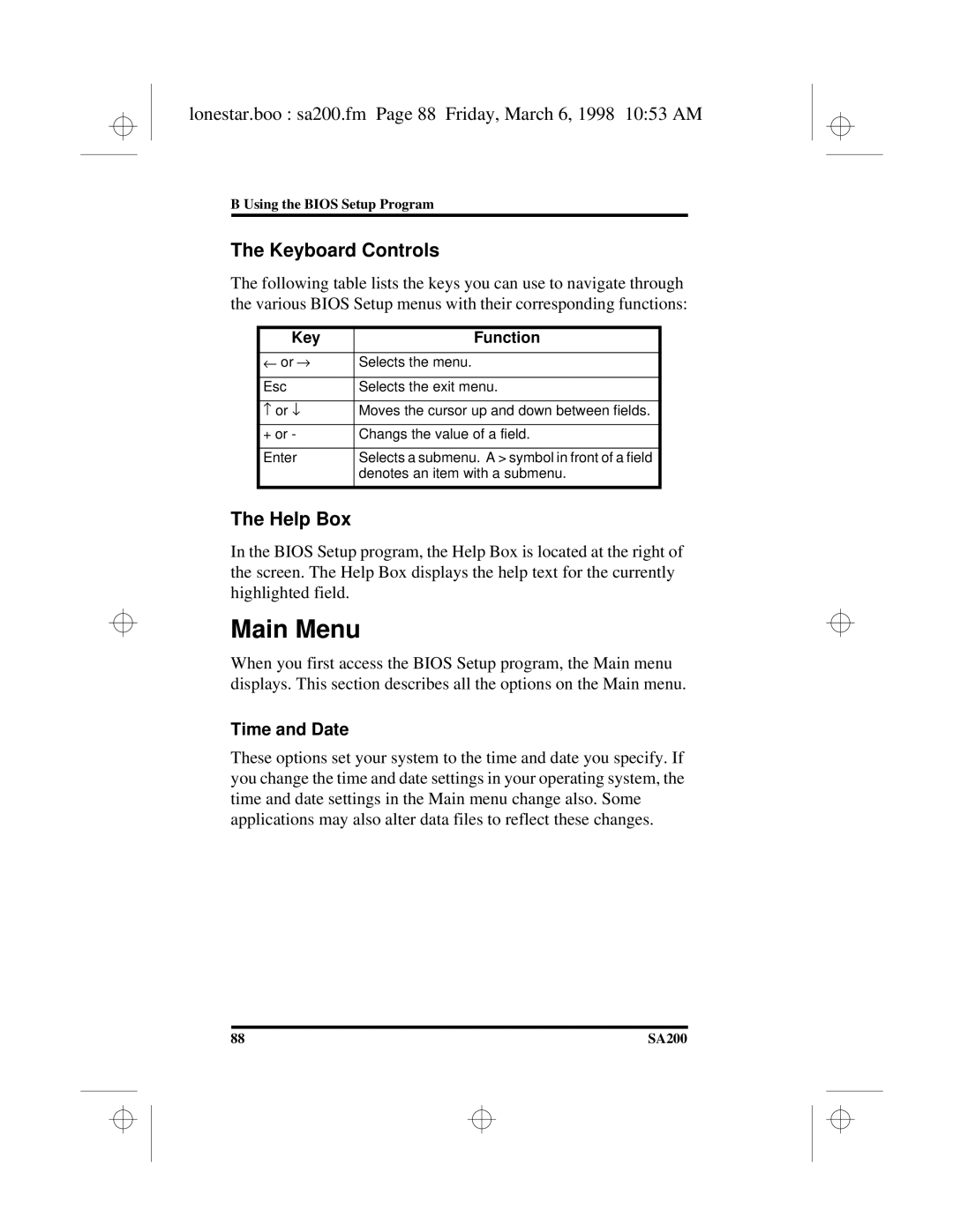 Hitachi SA200 manual Main Menu, Lonestar.boo sa200.fm Page 88 Friday, March 6, 1998 1053 AM, Keyboard Controls, Help Box 