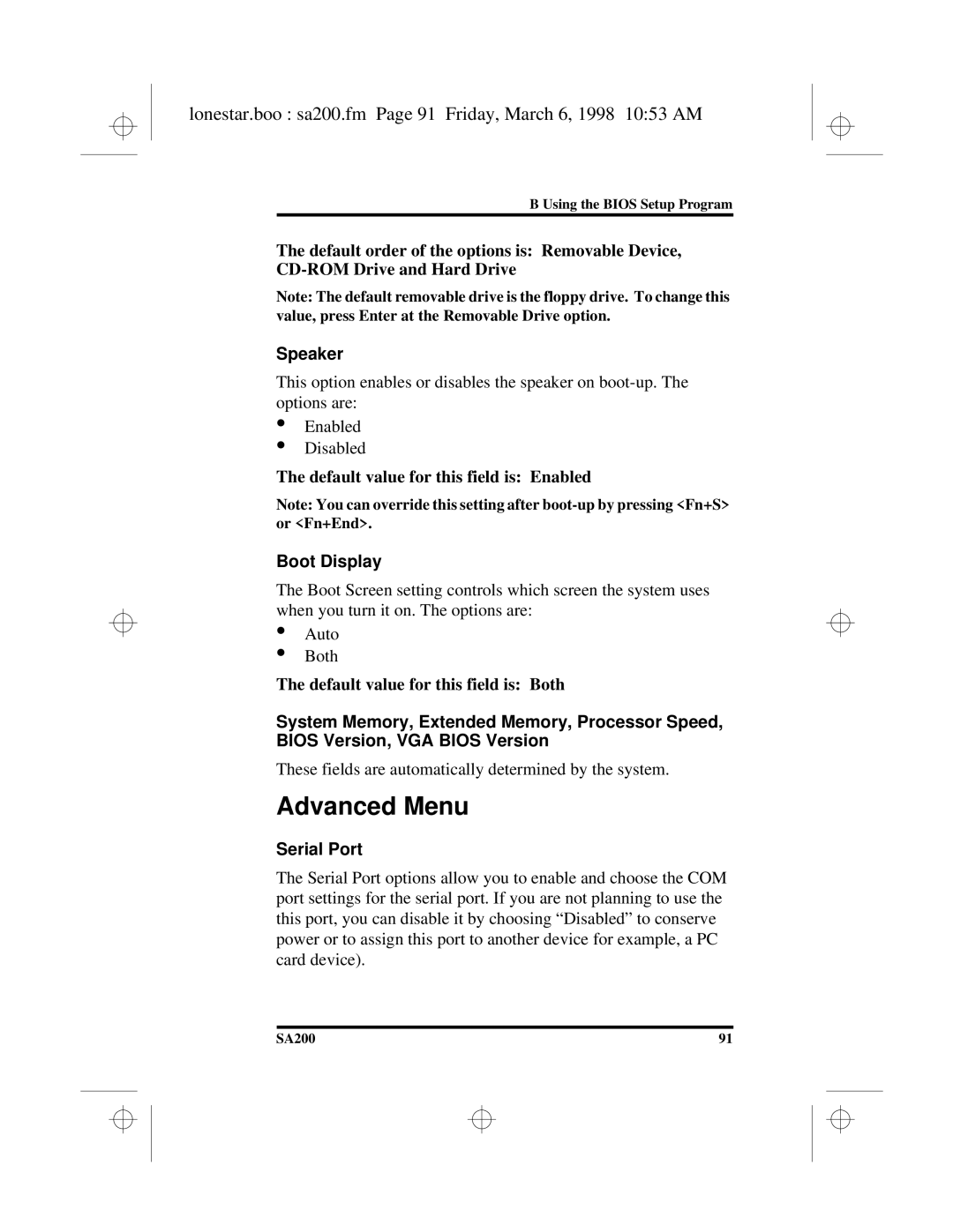 Hitachi SA200 manual Advanced Menu, Lonestar.boo sa200.fm Page 91 Friday, March 6, 1998 1053 AM, Speaker, Boot Display 