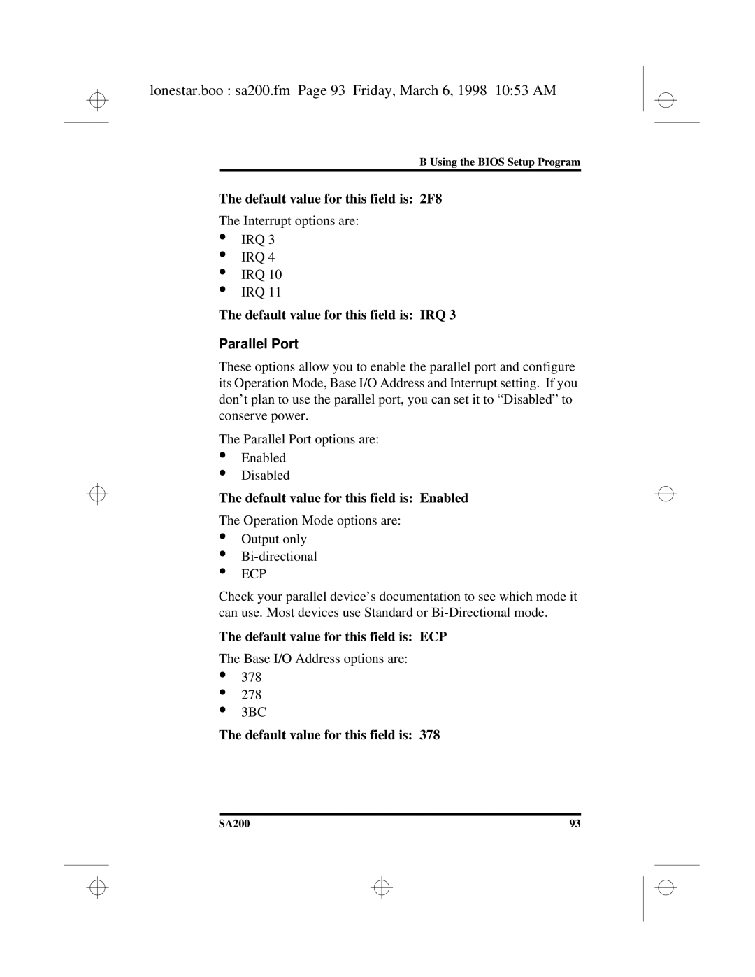 Hitachi SA200 manual Lonestar.boo sa200.fm Page 93 Friday, March 6, 1998 1053 AM, Parallel Port 