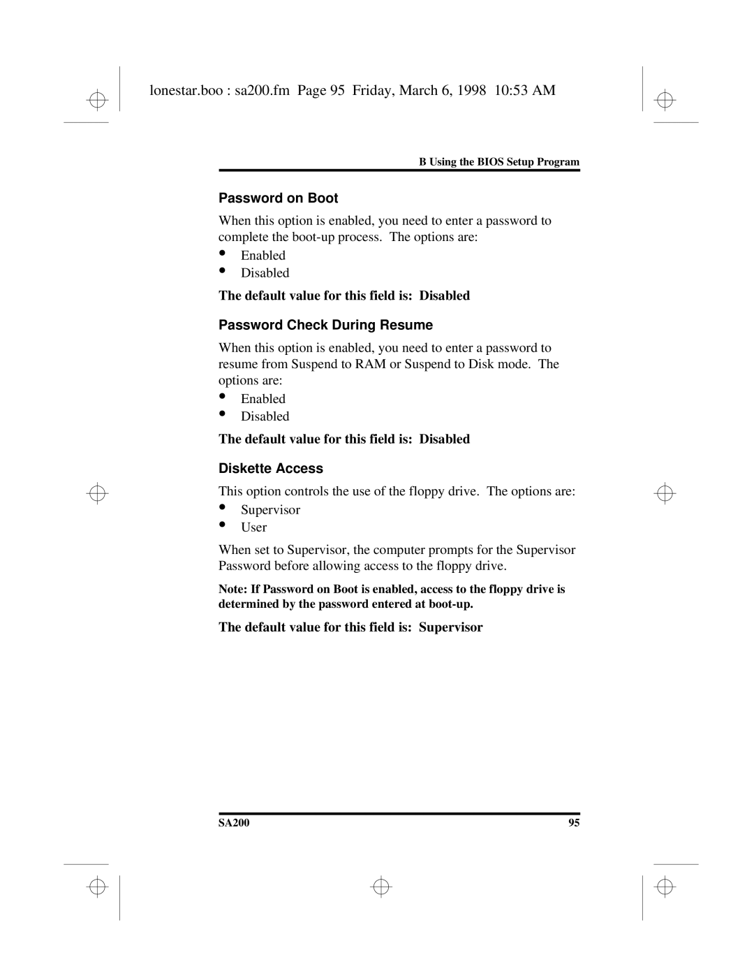 Hitachi SA200 Lonestar.boo sa200.fm Page 95 Friday, March 6, 1998 1053 AM, Password on Boot, Password Check During Resume 