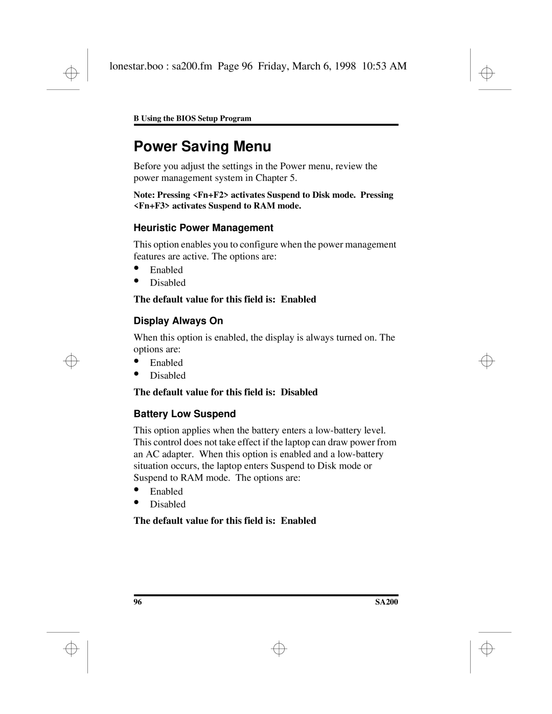 Hitachi SA200 Power Saving Menu, Lonestar.boo sa200.fm Page 96 Friday, March 6, 1998 1053 AM, Heuristic Power Management 