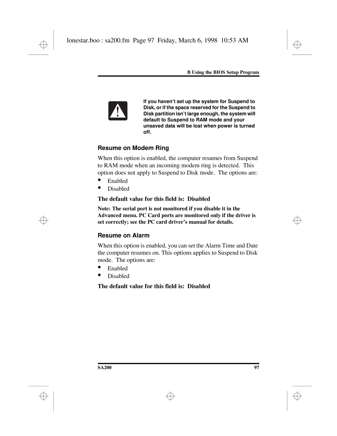 Hitachi SA200 manual Lonestar.boo sa200.fm Page 97 Friday, March 6, 1998 1053 AM, Resume on Modem Ring, Resume on Alarm 