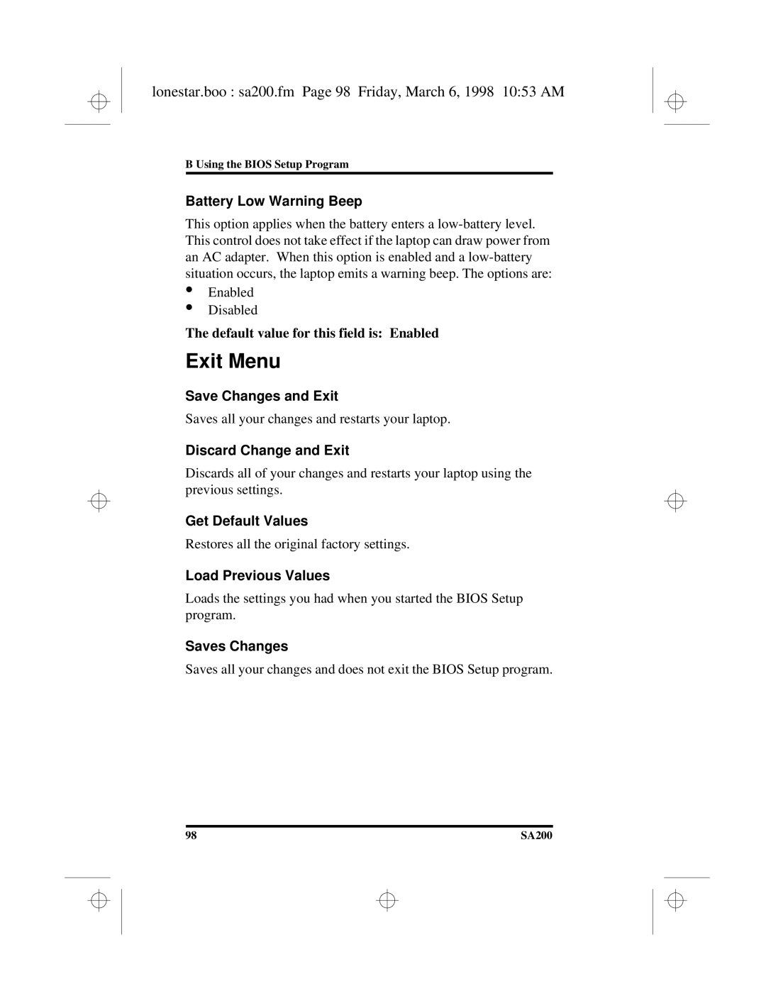 Hitachi SA200 manual Exit Menu, Lonestar.boo sa200.fm Page 98 Friday, March 6, 1998 1053 AM 